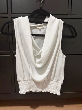French Kiss White Draped Cowl Neck Smocked Hem Tank